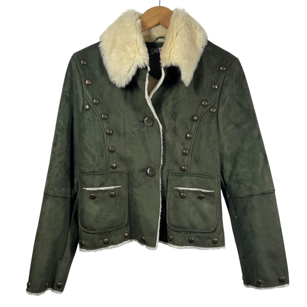 Bejeweled by Susan Fixel Jacket Women S Faux Suede Olive Green Military Y2K - Picture 1 of 9